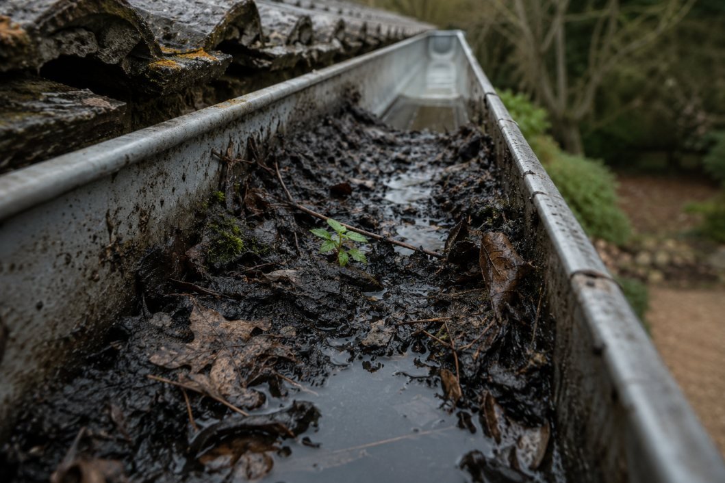 Canalón metálico completamente obstruido por hojas descompuestas y agua estancada