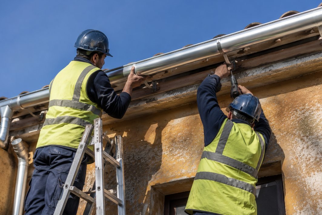 Dos operarios fijando un tramo de canalón de aluminio nuevo en el alero