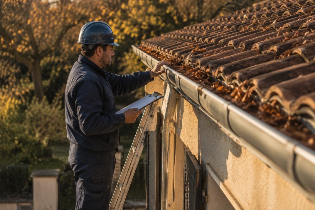 Técnico revisando con portapapeles el estado de un canalón en una tarde de otoño