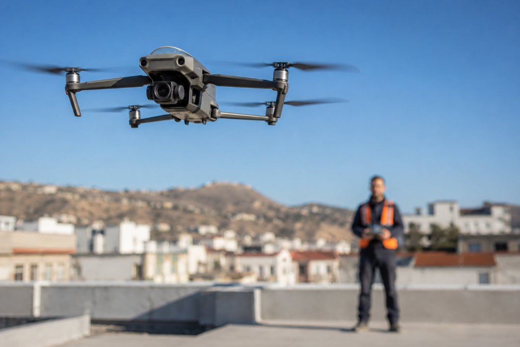 Dron sobrevolando una azotea durante una inspección técnica del edificio
