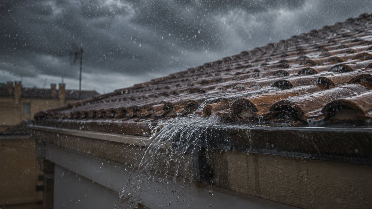 Lluvia intensa cayendo sobre un tejado de teja con el agua desbordando por el alero