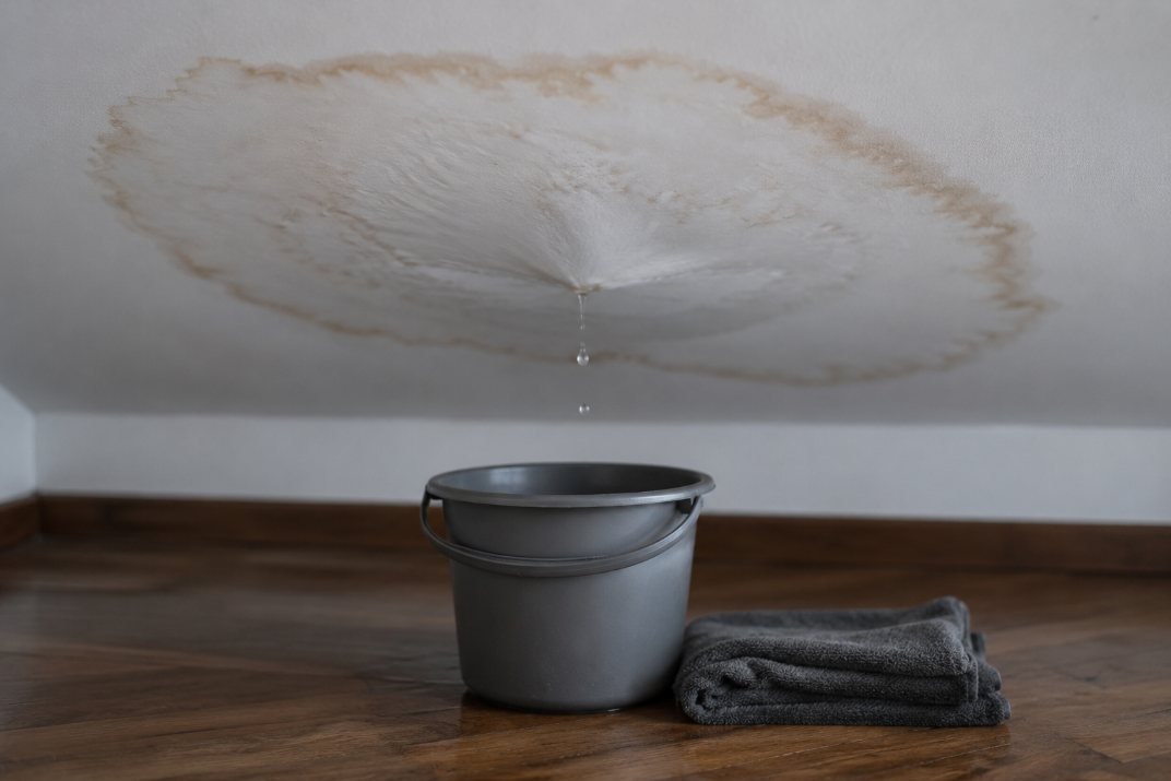 Mancha de agua en el techo de una vivienda con un cubo recogiendo el goteo