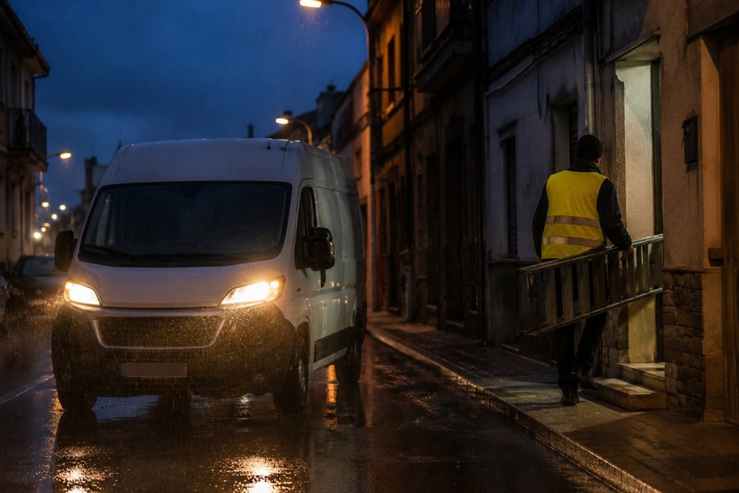 Furgoneta de servicio con los faros encendidos en una calle mojada al anochecer