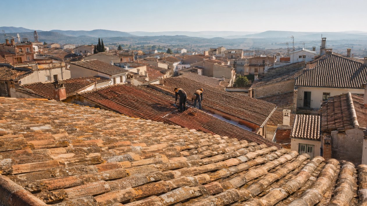 Vista de los tejados de teja árabe de Reus con dos operarios trabajando en una cubierta