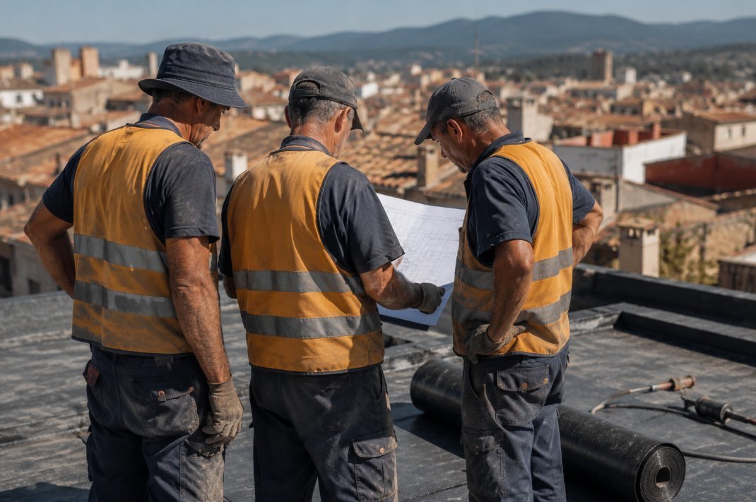 Equipo de tejadores revisando el plano de una cubierta plana sobre la azotea