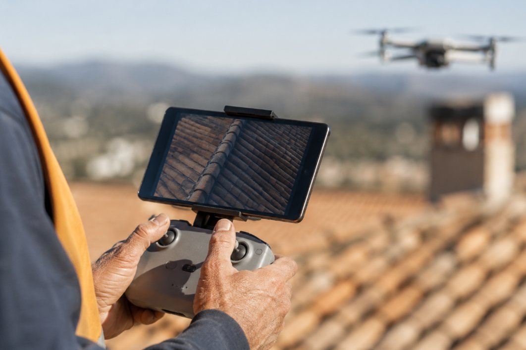 Técnico pilotando un dron para inspeccionar un tejado sin montar andamio