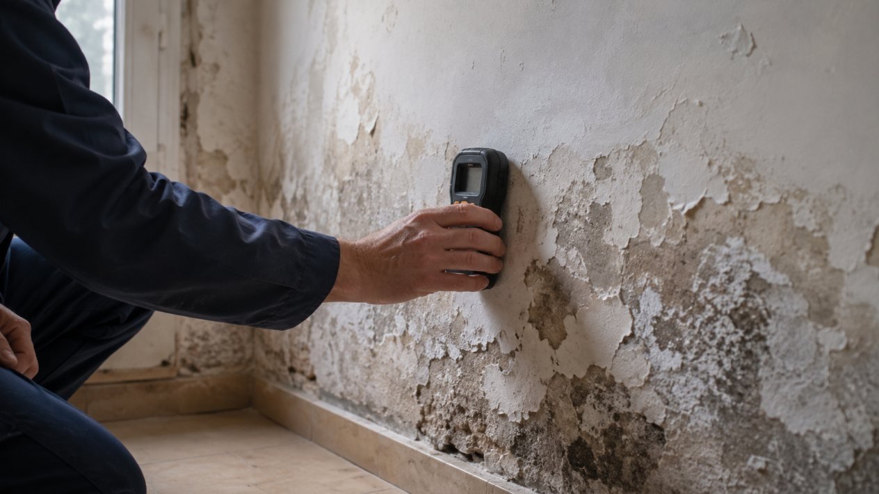 Técnico midiendo con higrómetro una pared con la pintura abombada por la humedad