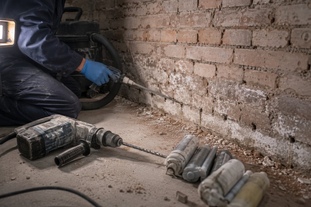 Inyección de resina en una hilada de perforaciones en la base de un muro de ladrillo