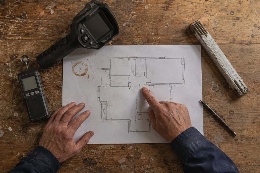 Plano de vivienda, cámara termográfica e higrómetro sobre la mesa de trabajo
