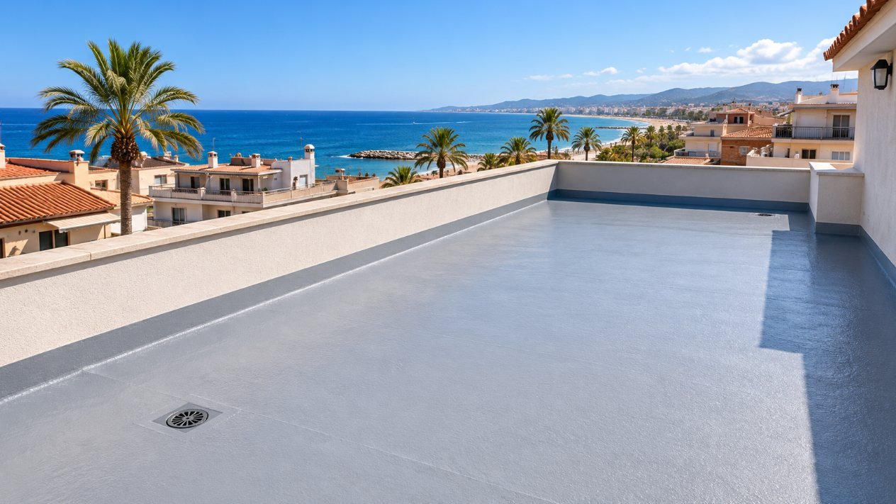 Terraza plana recién impermeabilizada con acabado continuo y vistas al mar