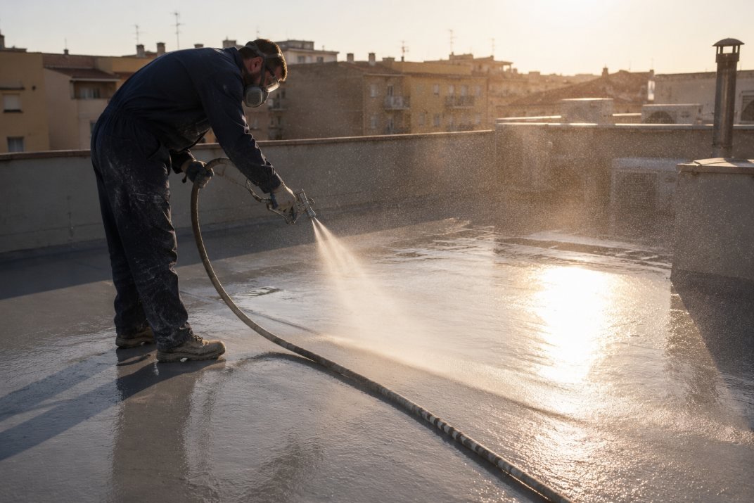 Aplicación de membrana proyectada sobre una azotea a contraluz del atardecer