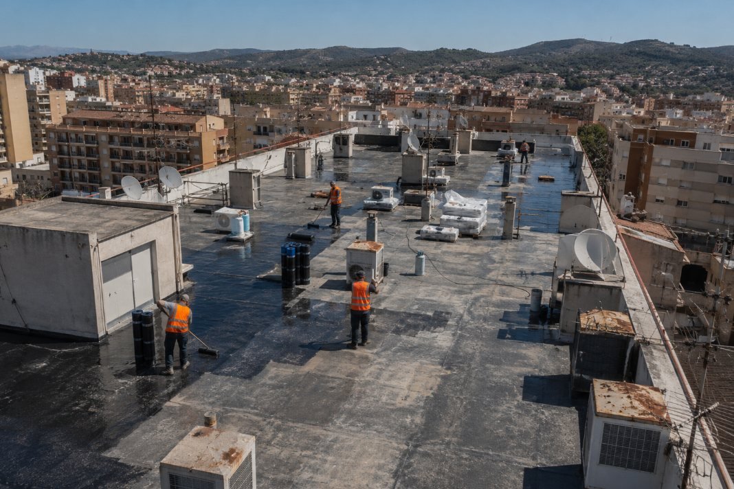 Cubierta plana de un bloque de viviendas durante los trabajos de impermeabilización